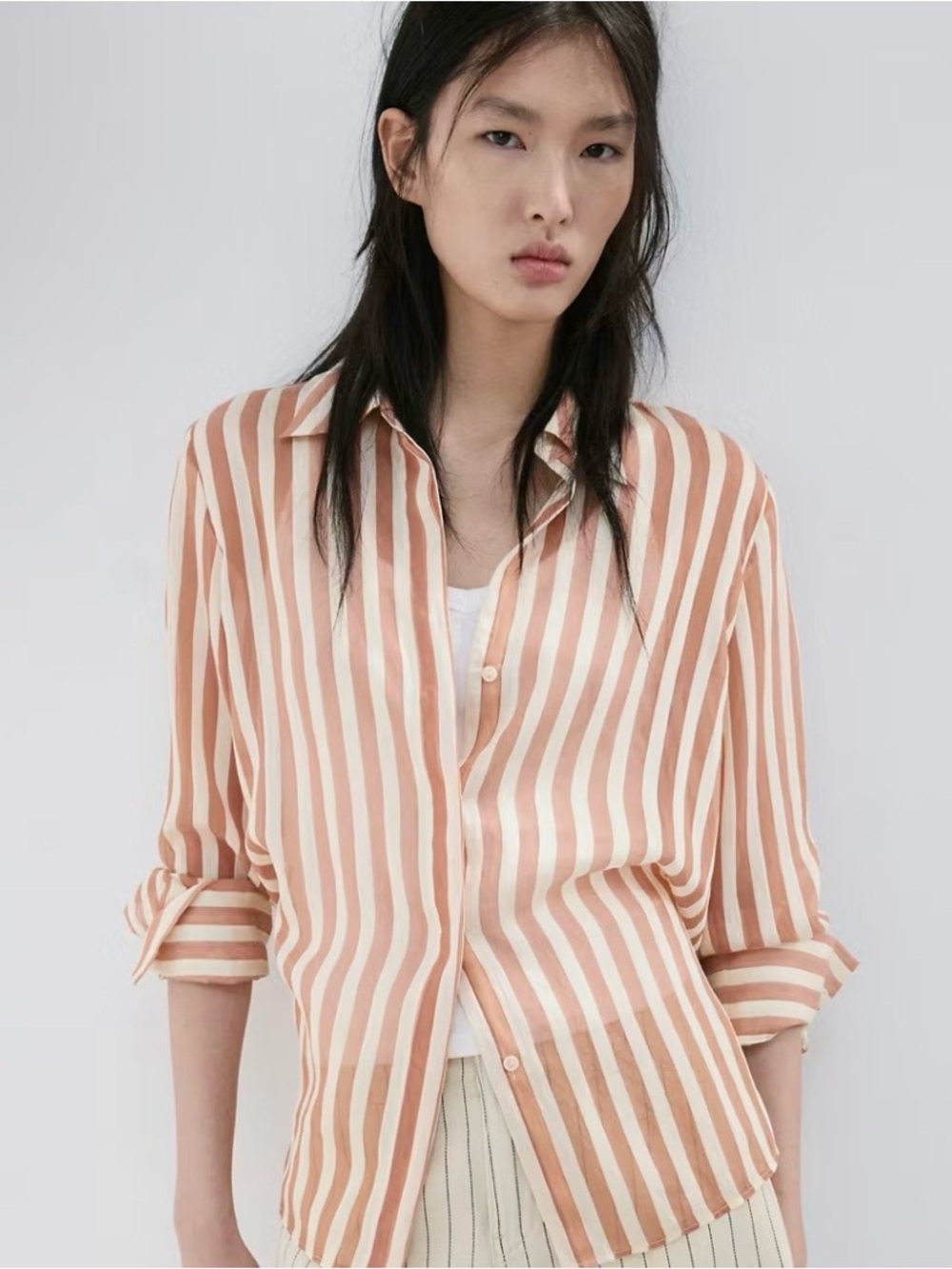 Mango- Striped Button-Front Shirt - Peach/White- Small